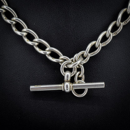 Antique Edwardian '1909' Sterling Silver Oval Link Albert Watch Chain Necklace with T-Bar and Dog Clips | 15.25"