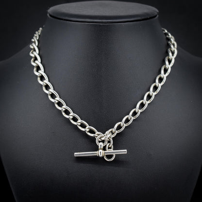 Antique Edwardian '1909' Sterling Silver Oval Link Albert Watch Chain Necklace with T-Bar and Dog Clips | 15.25"
