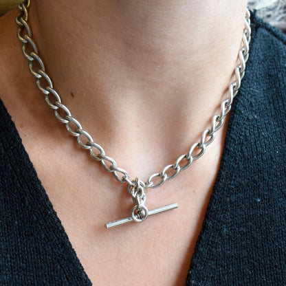 Antique Edwardian '1909' Sterling Silver Oval Link Albert Watch Chain Necklace with T-Bar and Dog Clips | 15.25"