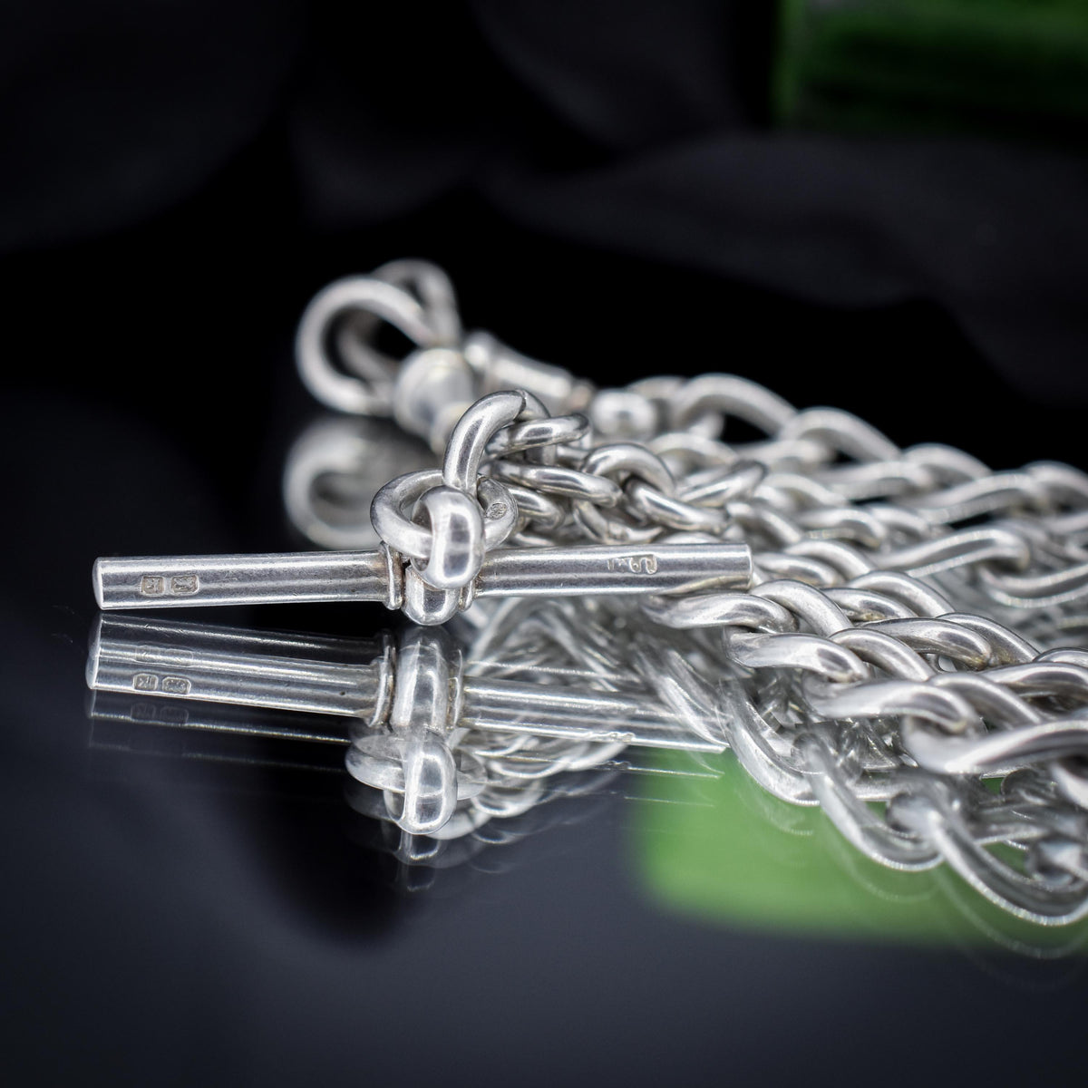 Antique Edwardian '1909' Sterling Silver Oval Link Albert Watch Chain Necklace with T-Bar and Dog Clips | 15.25"