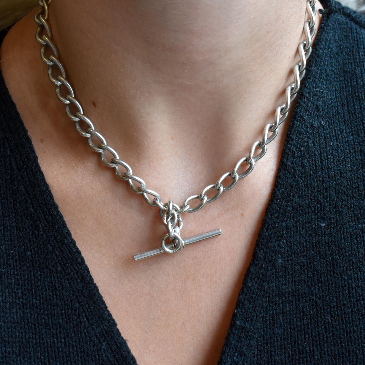 Antique Edwardian '1909' Sterling Silver Oval Link Albert Watch Chain Necklace with T-Bar and Dog Clips | 15.25"