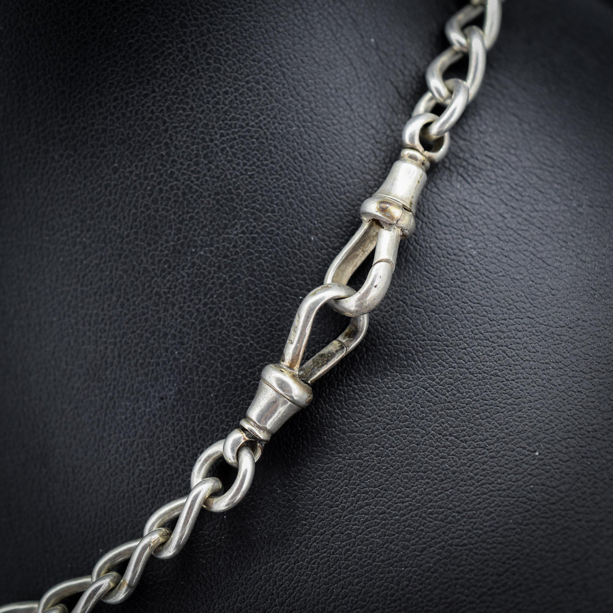 Antique Edwardian '1909' Sterling Silver Oval Link Albert Watch Chain Necklace with T-Bar and Dog Clips | 15.25"