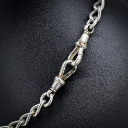 Antique Edwardian '1909' Sterling Silver Oval Link Albert Watch Chain Necklace with T-Bar and Dog Clips | 15.25"