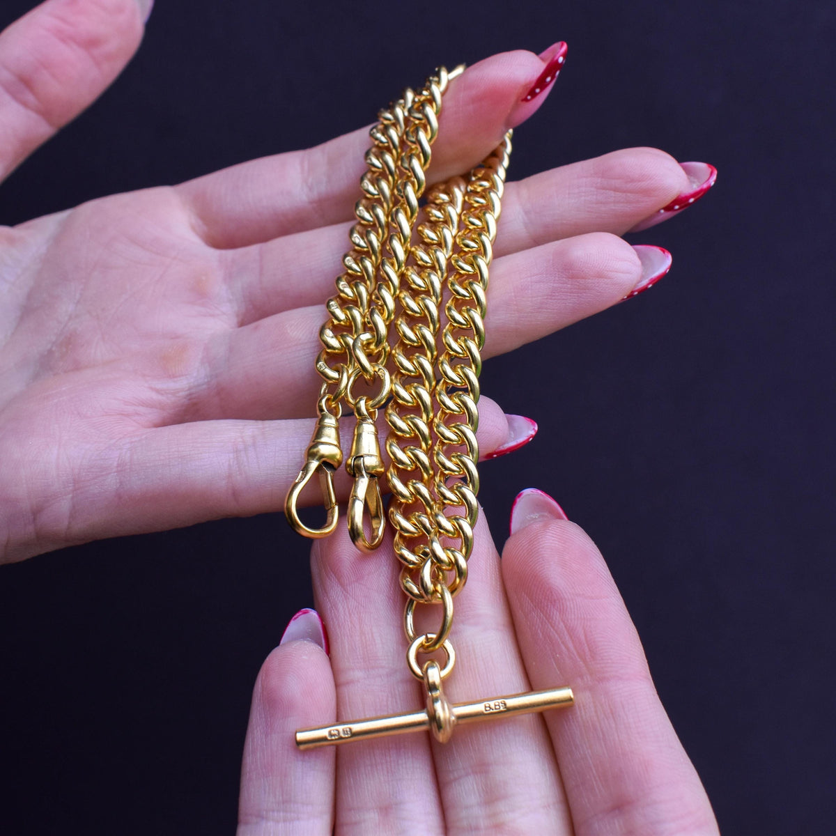 Antique 14.75" Gold on Sterling Silver Curb Albert Watch Chain T-bar Necklace