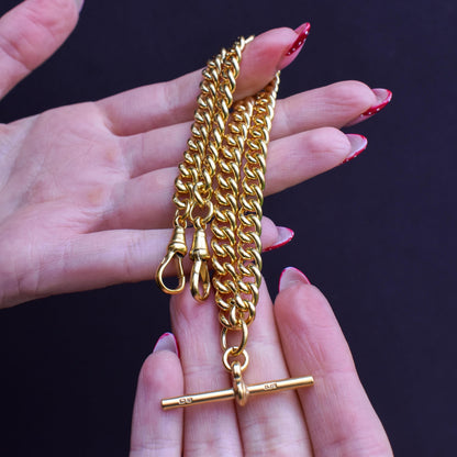 Antique 14.75" Gold on Sterling Silver Curb Albert Watch Chain T-bar Necklace