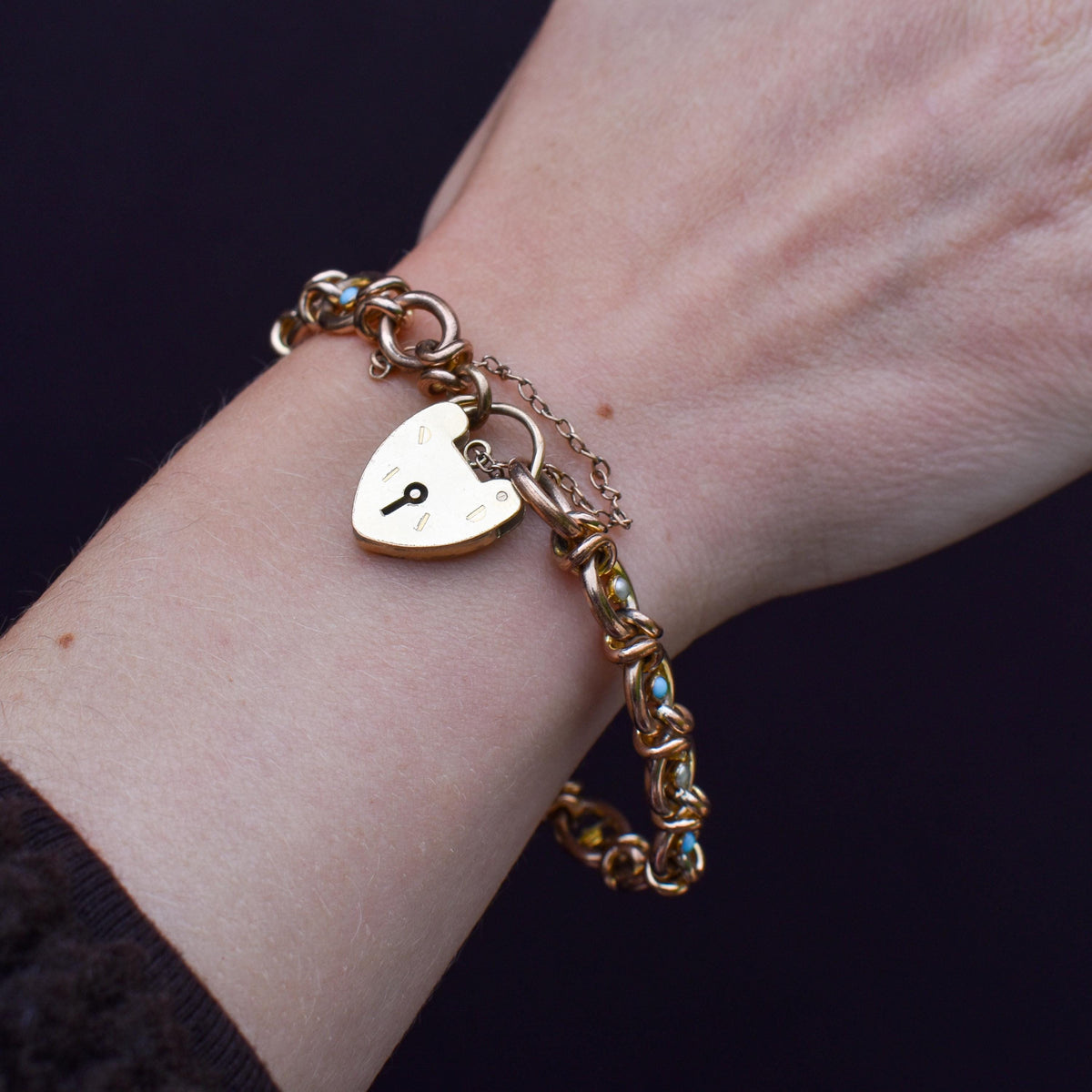 Antique Pearl and Turquoise Rolled Gold Heart Padlock Bracelet