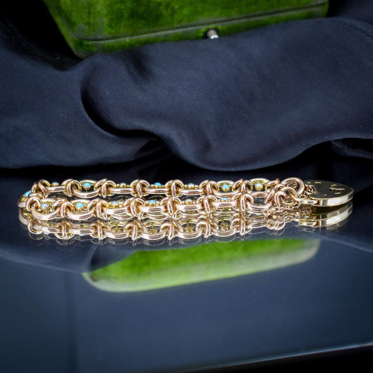 Antique Pearl and Turquoise Rolled Gold Heart Padlock Bracelet