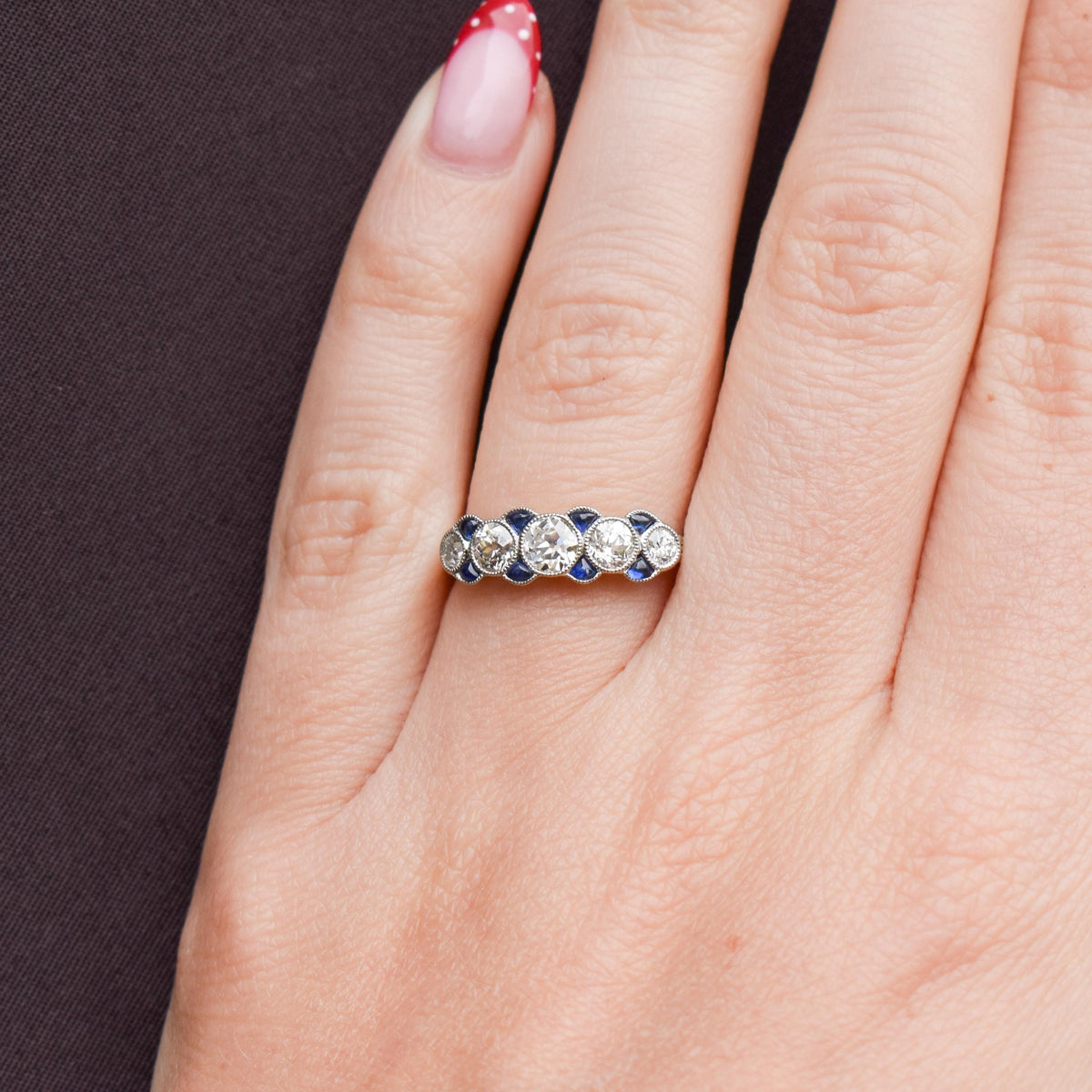 Old Cut Diamond and Blue Sapphire Five Stone Platinum Ring - 0.86ct total