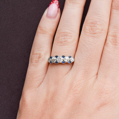 Old Cut Diamond and Blue Sapphire Five Stone Platinum Ring - 0.86ct total