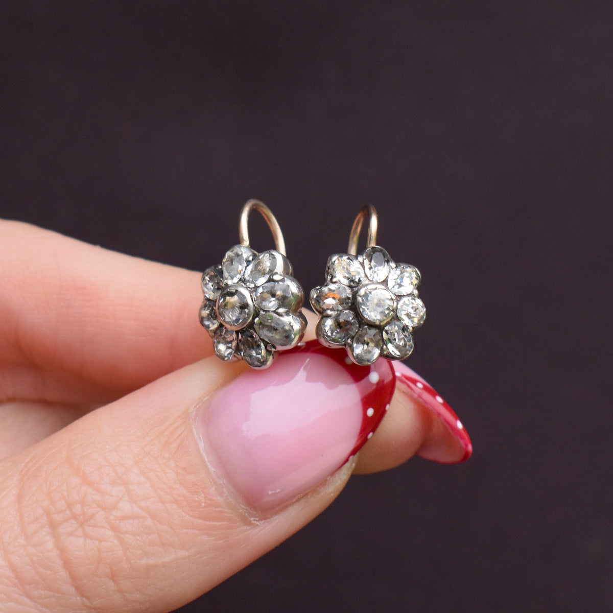 Antique Georgian Paste Silver and 9ct Gold Flower Earrings