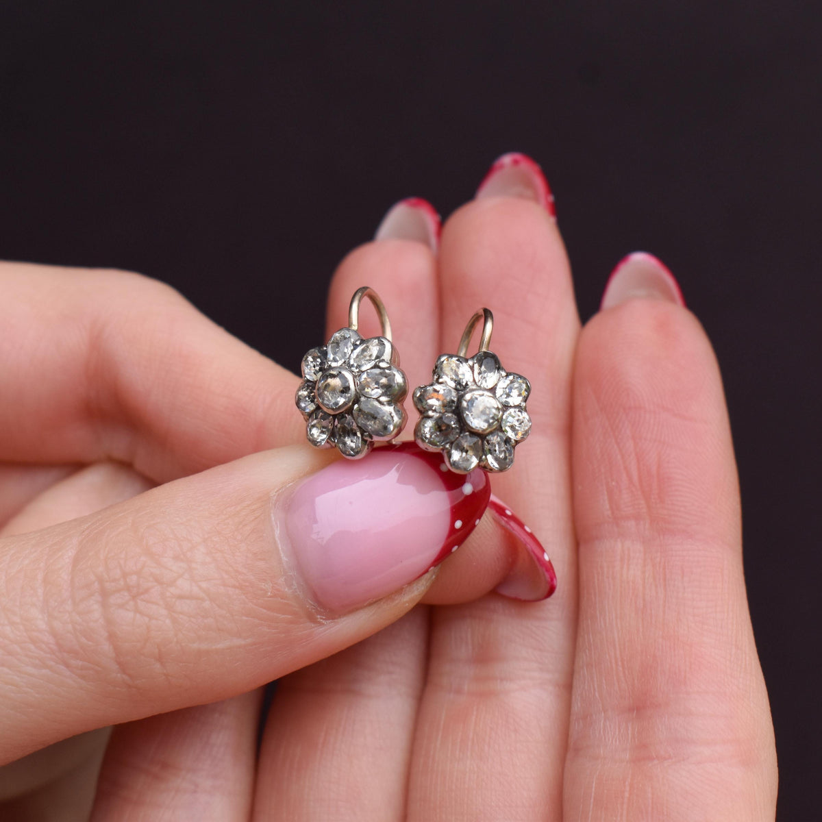 Antique Georgian Paste Silver and 9ct Gold Flower Earrings