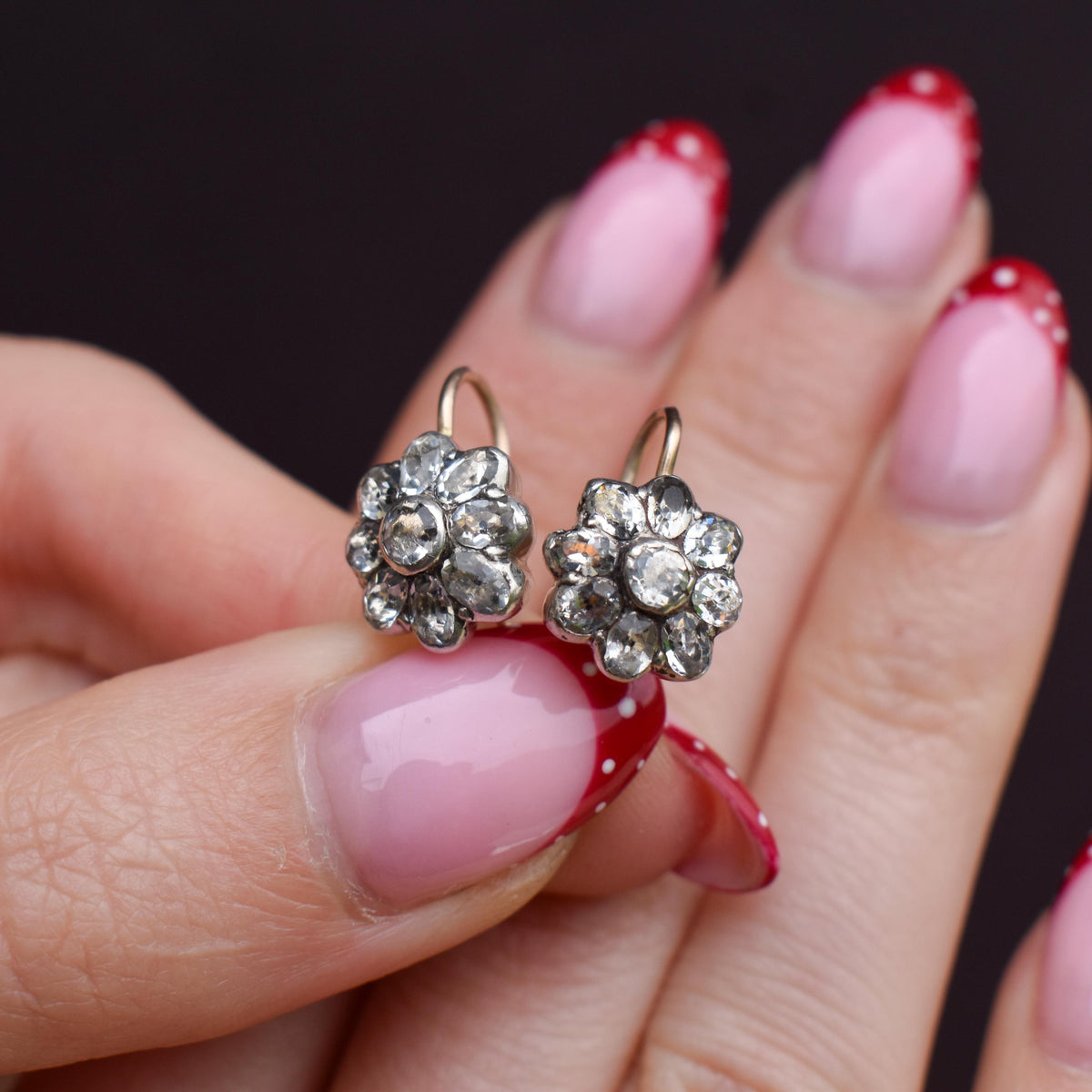 Antique Georgian Paste Silver and 9ct Gold Flower Earrings