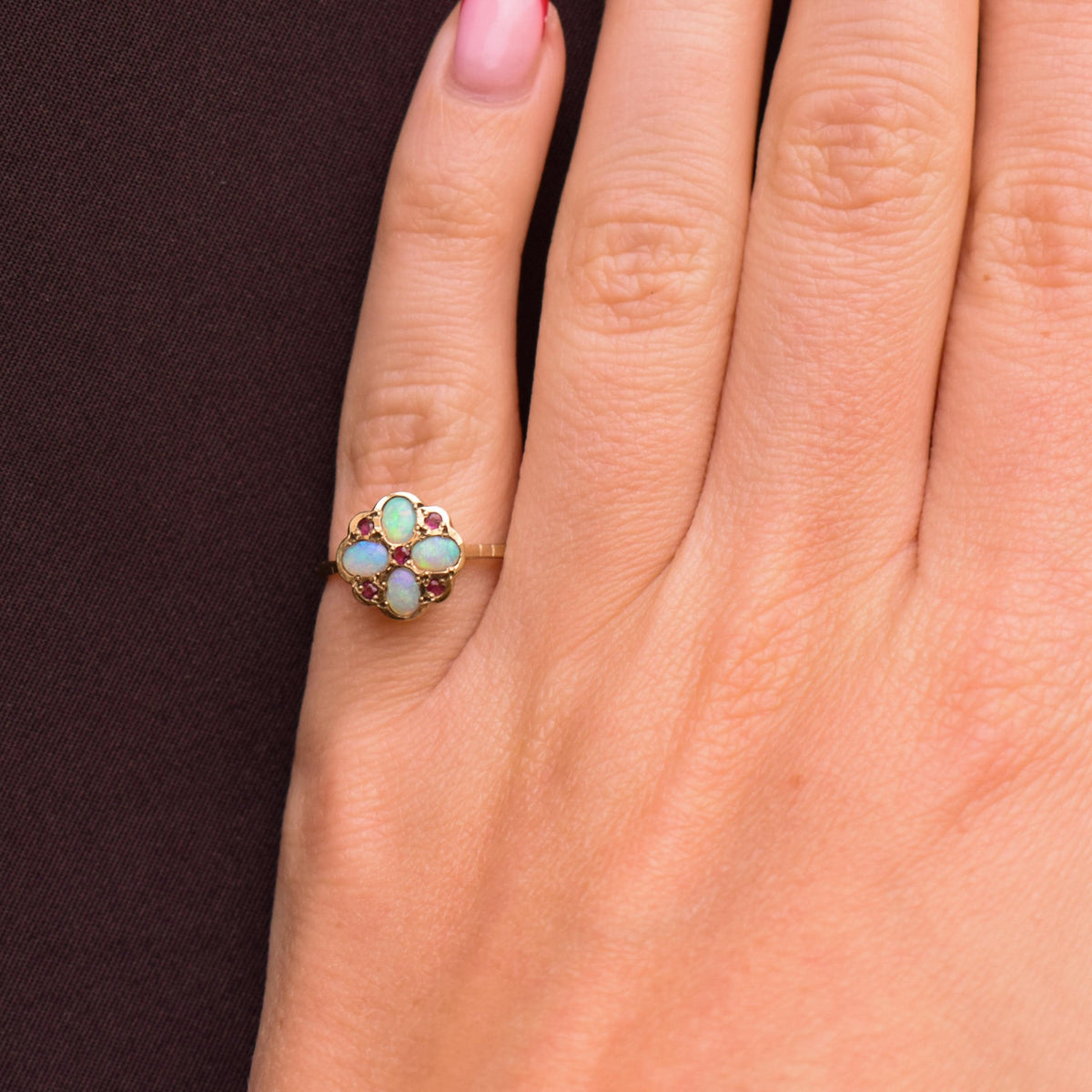 Vintage Opal and Ruby Flower Cluster 9ct Yellow Gold Ring | Dated 1990