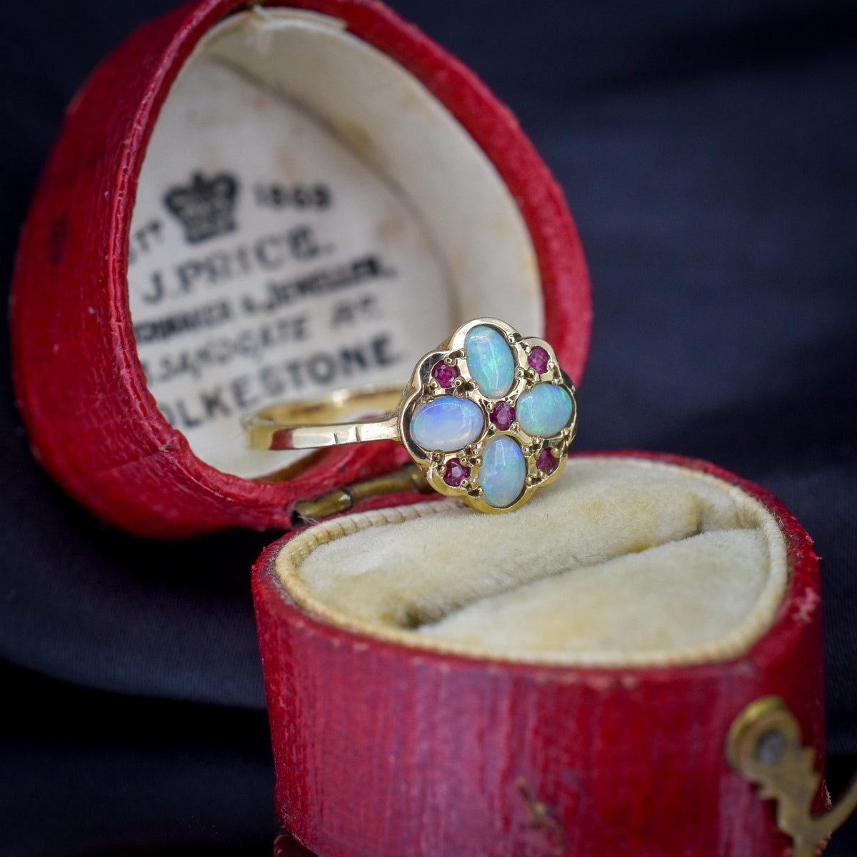 Vintage Opal and Ruby Flower Cluster 9ct Yellow Gold Ring | Dated 1990