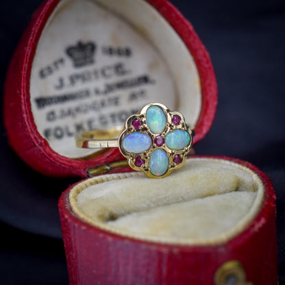 Vintage Opal and Ruby Flower Cluster 9ct Yellow Gold Ring | Dated 1990
