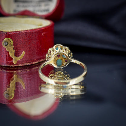 Vintage Opal and Ruby Flower Cluster 9ct Yellow Gold Ring | Dated 1990