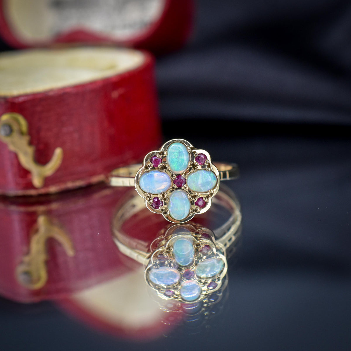 Vintage Opal and Ruby Flower Cluster 9ct Yellow Gold Ring | Dated 1990