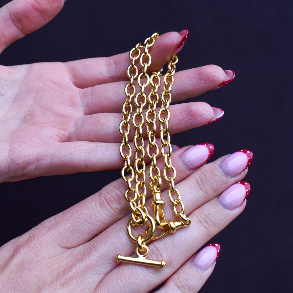 Vintage Gold on Silver Cable Link Watch Chain Necklace with T-Bar and Dog Clips – 17.5"