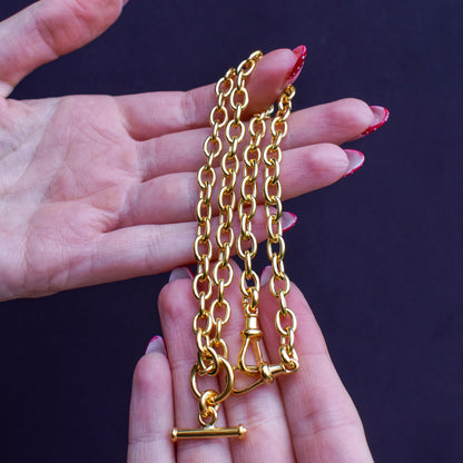 Vintage Gold on Silver Cable Link Watch Chain Necklace with T-Bar and Dog Clips – 17.5"