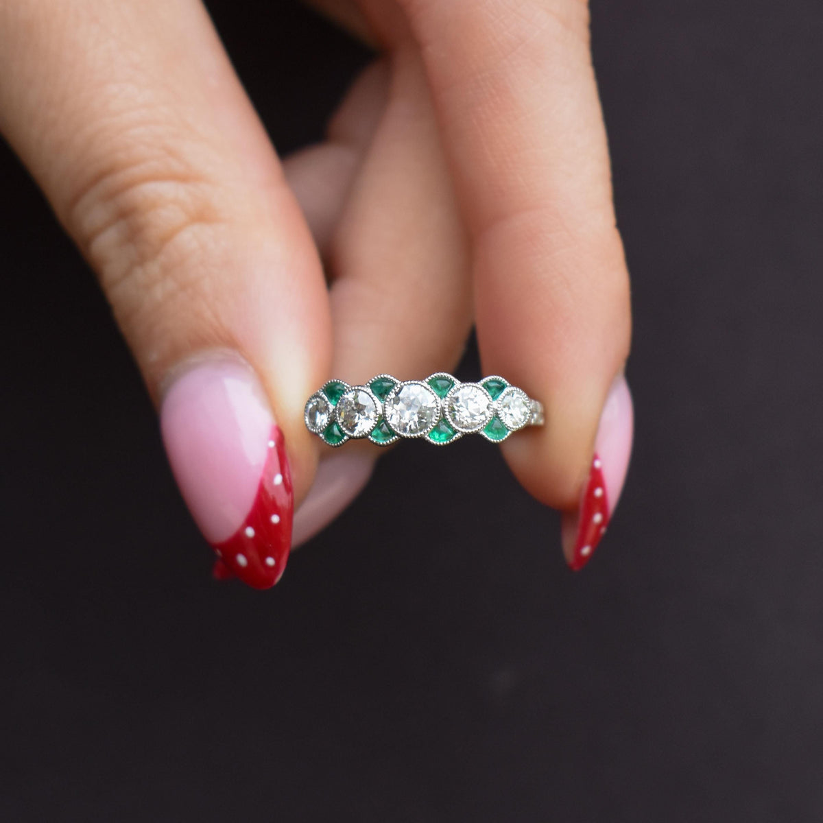 Old Cut Diamond and Emerald Five Stone Platinum Ring - 0.81ct total