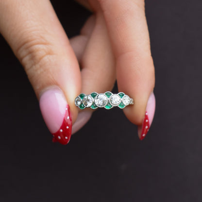 Old Cut Diamond and Emerald Five Stone Platinum Ring - 0.81ct total