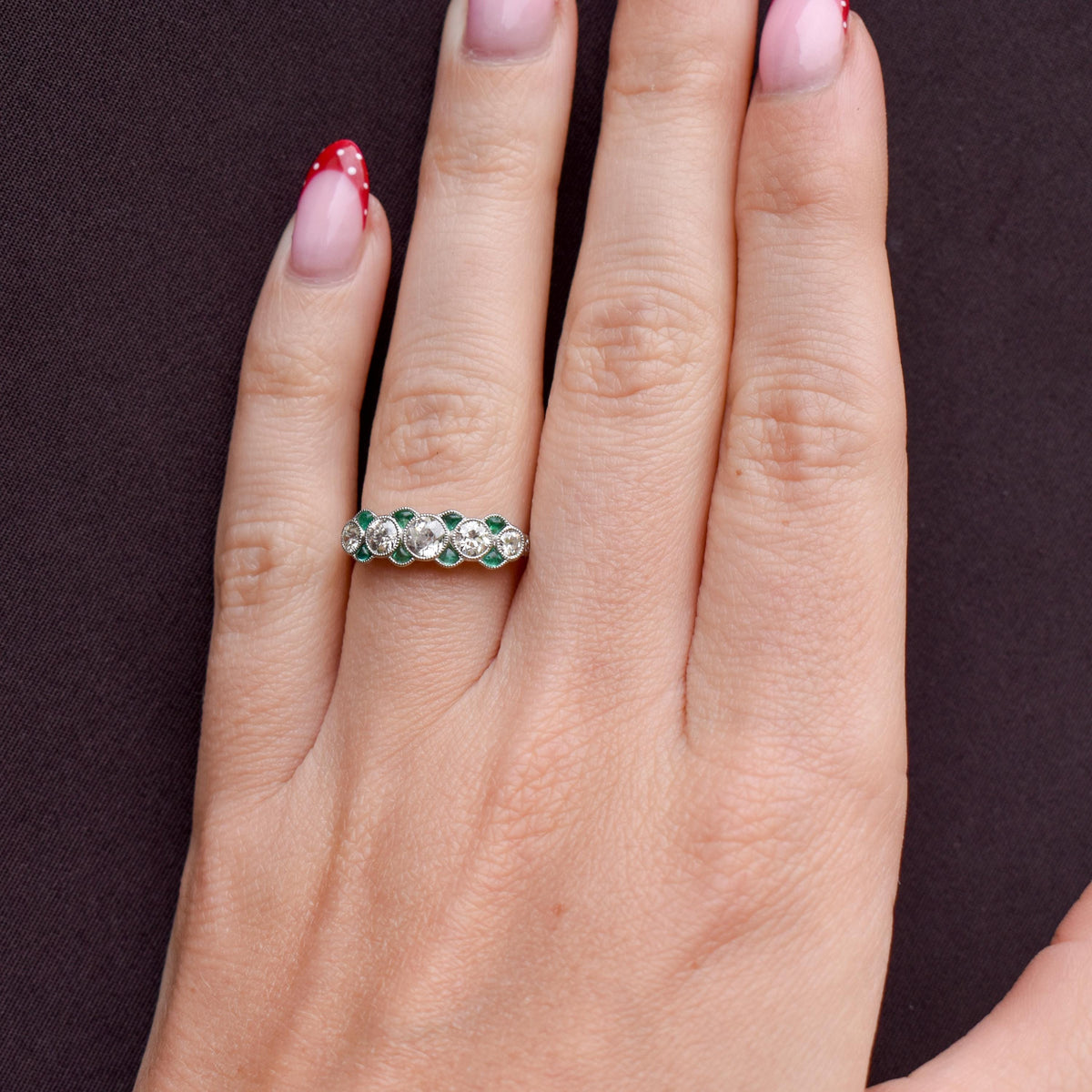Old Cut Diamond and Emerald Five Stone Platinum Ring - 0.81ct total
