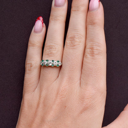 Old Cut Diamond and Emerald Five Stone Platinum Ring - 0.81ct total