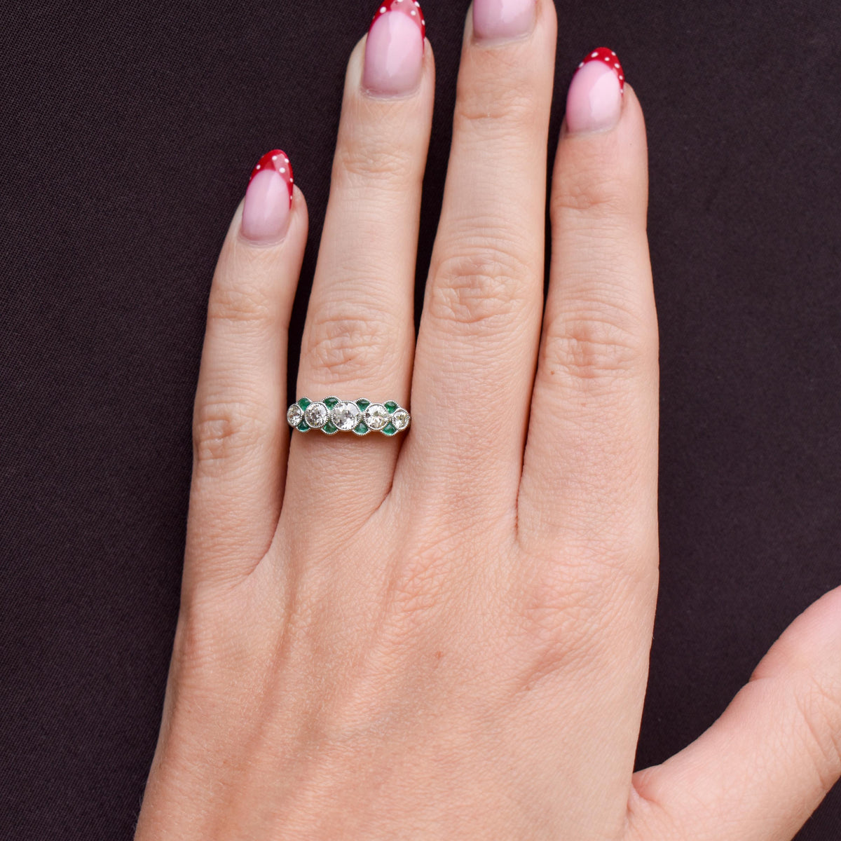 Old Cut Diamond and Emerald Five Stone Platinum Ring - 0.81ct total