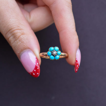 Antique Turquoise and Diamond 'Forget Me Not' Flower Cluster 15ct Gold Ring