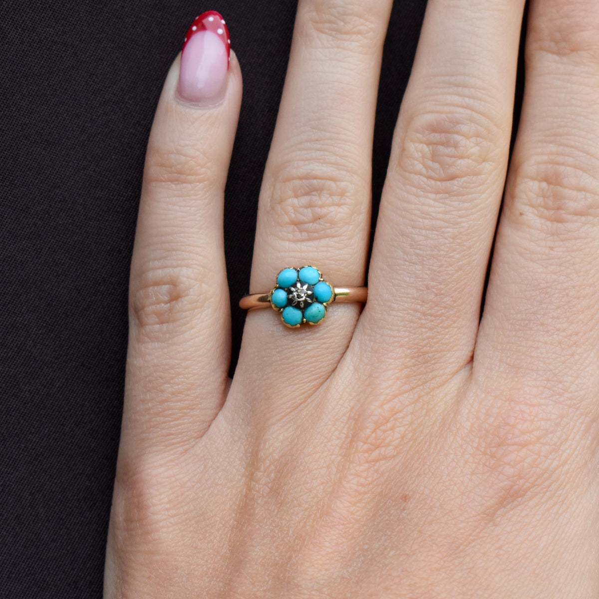 Antique Turquoise and Diamond 'Forget Me Not' Flower Cluster 15ct Gold Ring