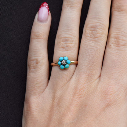 Antique Turquoise and Diamond 'Forget Me Not' Flower Cluster 15ct Gold Ring