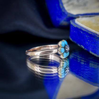Antique Turquoise and Diamond 'Forget Me Not' Flower Cluster 15ct Gold Ring