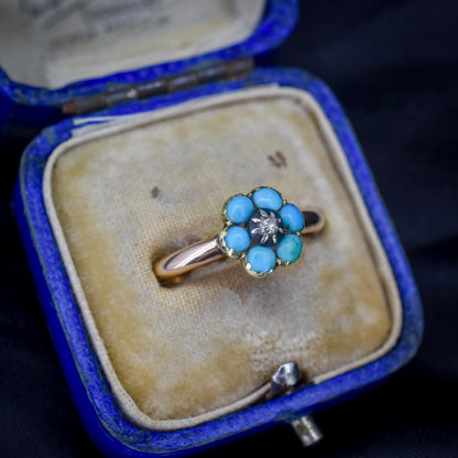Antique Turquoise and Diamond 'Forget Me Not' Flower Cluster 15ct Gold Ring