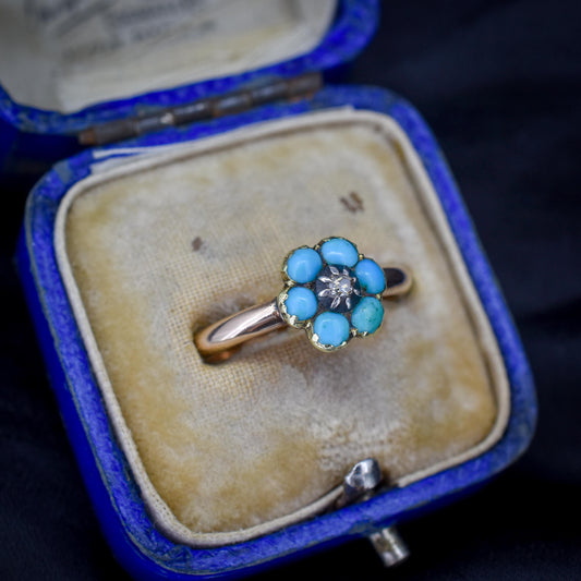 Antique Turquoise and Diamond 'Forget Me Not' Flower Cluster 15ct Gold Ring