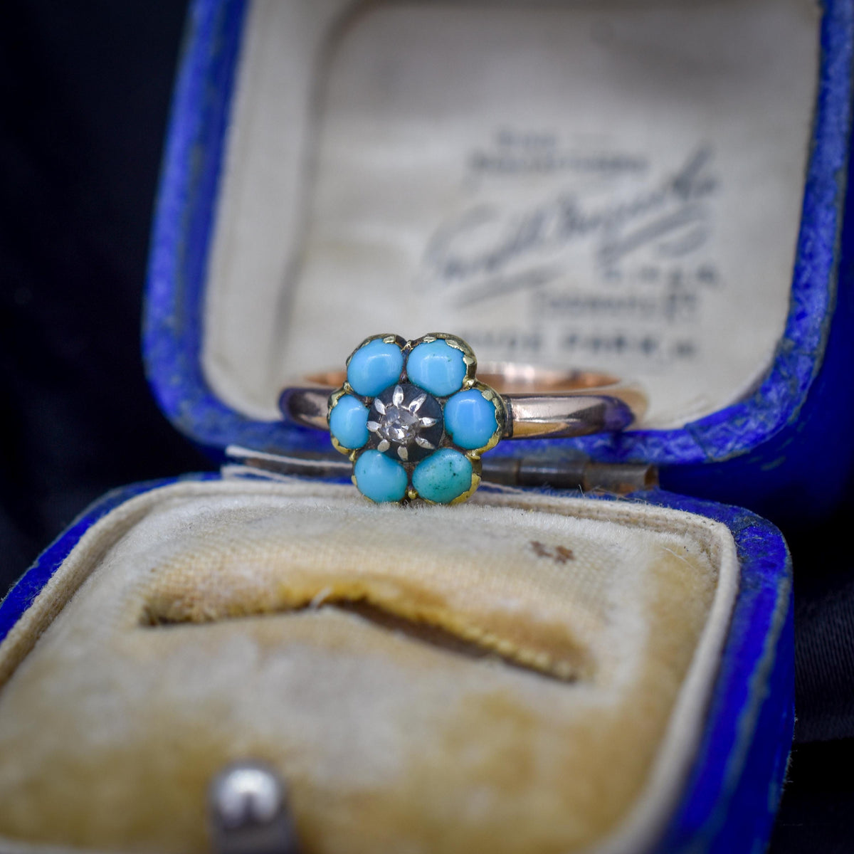 Antique Turquoise and Diamond 'Forget Me Not' Flower Cluster 15ct Gold Ring
