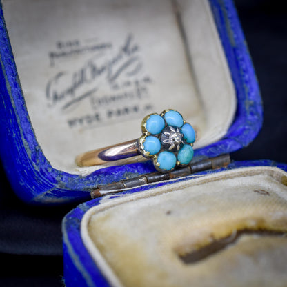 Antique Turquoise and Diamond 'Forget Me Not' Flower Cluster 15ct Gold Ring