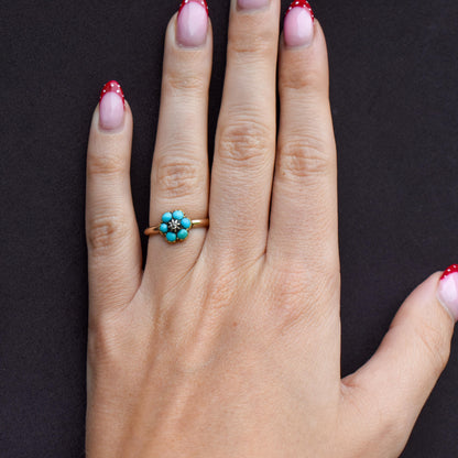 Antique Turquoise and Diamond 'Forget Me Not' Flower Cluster 15ct Gold Ring