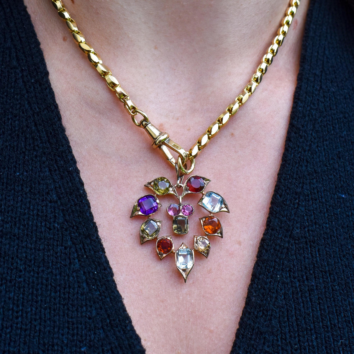 Antique Harlequin Multi-Gemstone 9ct Yellow Gold Flower Drop Pendant