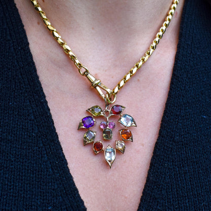 Antique Harlequin Multi-Gemstone 9ct Yellow Gold Flower Drop Pendant