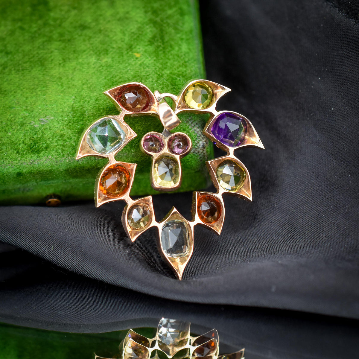 Antique Harlequin Multi-Gemstone 9ct Yellow Gold Flower Drop Pendant