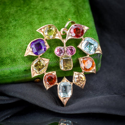 Antique Harlequin Multi-Gemstone 9ct Yellow Gold Flower Drop Pendant
