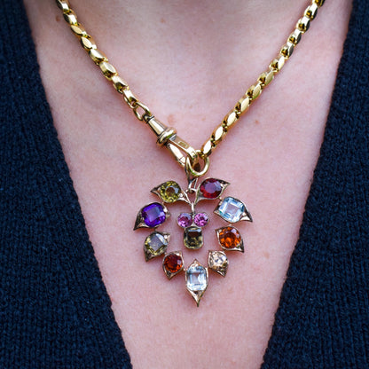 Antique Harlequin Multi-Gemstone 9ct Yellow Gold Flower Drop Pendant