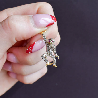 Rose Cut Diamond Monkey Charm Pendant Ruby Eyes | 0.80ct Diamond
