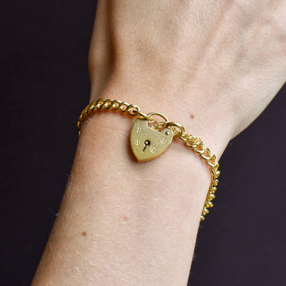 Antique Graduated Curb Gold on Silver Bracelet with Heart Padlock | 7"