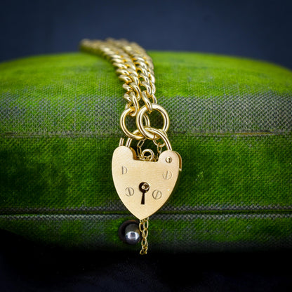 Antique Graduated Curb Gold on Silver Bracelet with Heart Padlock | 7"