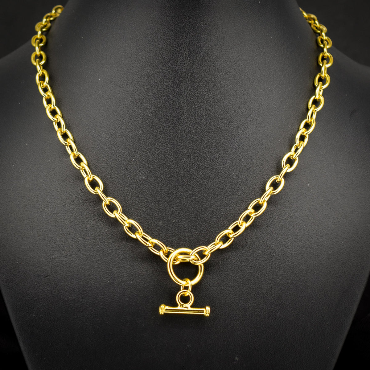 Vintage 18ct Gold on Silver Cable Link Watch Chain Necklace with T-Bar and Dog Clips – 16.75"