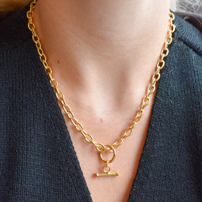 Vintage 18ct Gold on Silver Cable Link Watch Chain Necklace with T-Bar and Dog Clips – 16.75"