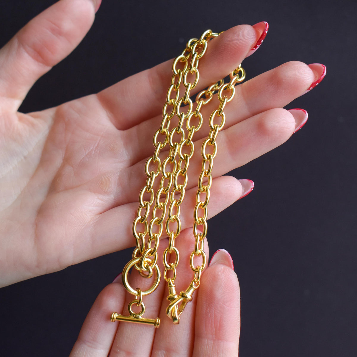 Vintage 18ct Gold on Silver Cable Link Watch Chain Necklace with T-Bar and Dog Clips – 16.75"