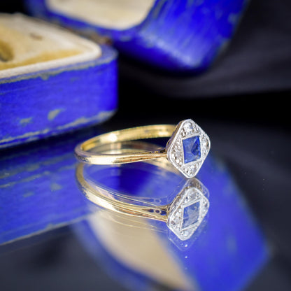 Art Deco Blue Sapphire and Diamond Cluster 18ct Yellow Gold Ring