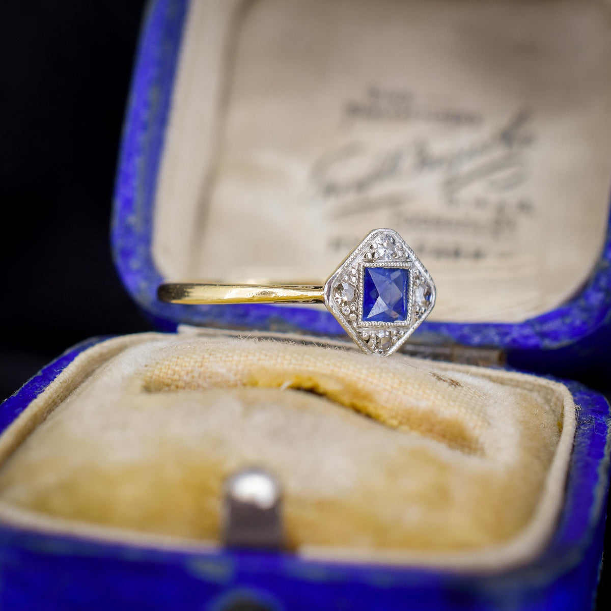 Art Deco Blue Sapphire and Diamond Cluster 18ct Yellow Gold Ring